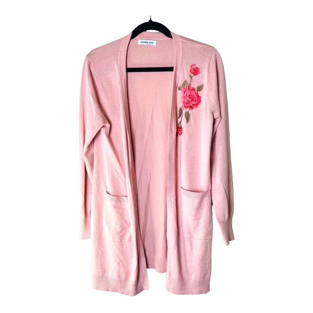 Pink Open Cardigan by Estrna Jane Flower Embroidery Size‎ Large